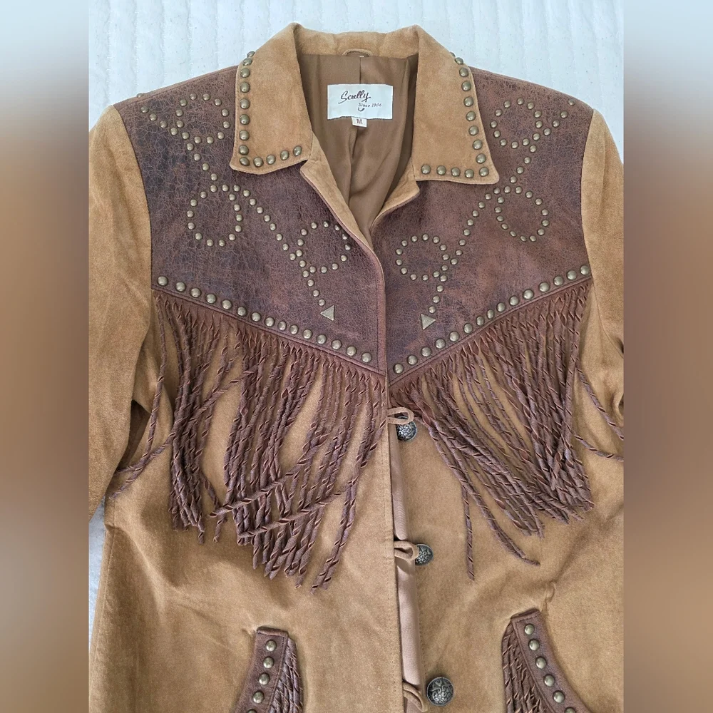Womans Scully Leather Western Jack Two-Tone Brown Suede Fringe Stud Jacket - Picture 1 of 9